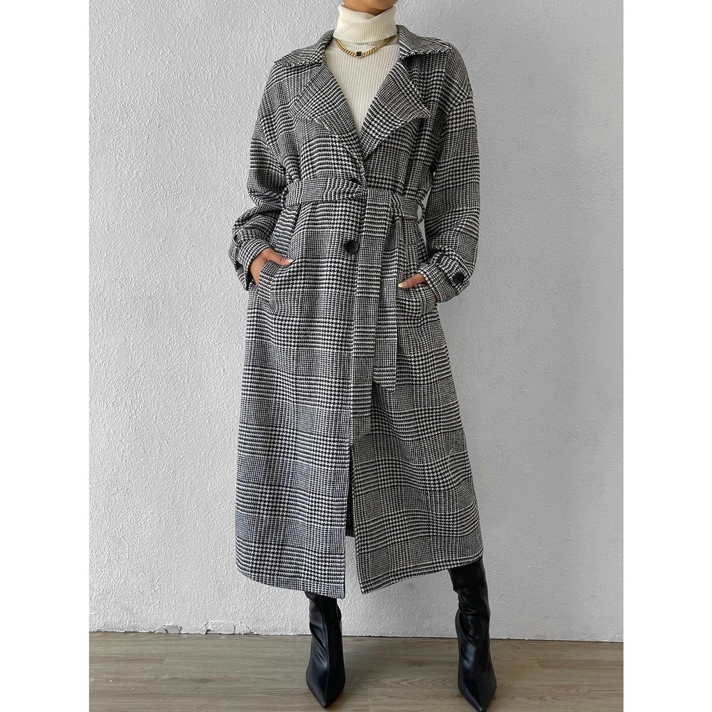 Gray black plaid long trench coat pea coat Belted Overcoat - Picture 3 of 6